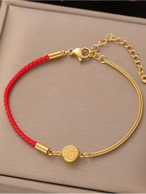 Gold & Red Braided Charm Bracelet - Women Jewelry